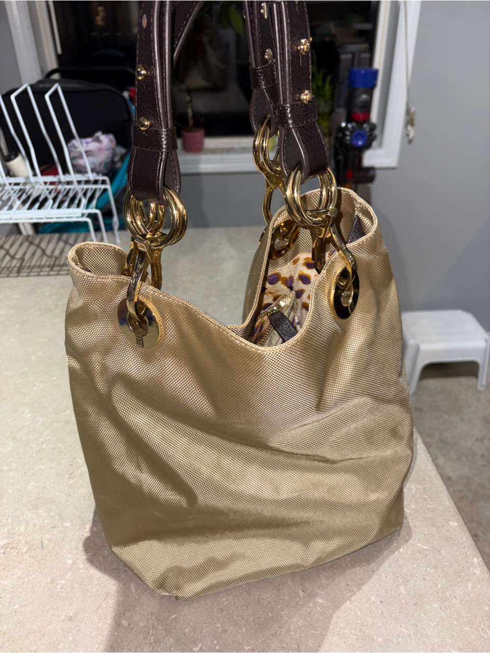 Vintage Gold Hobo Bag with Dark Brown Studded Handles